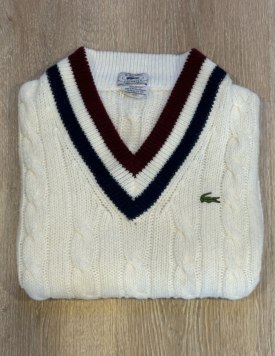Vintage Izod Lacoste Sweater Vest Cable Knit V Neck Tennis Ivory