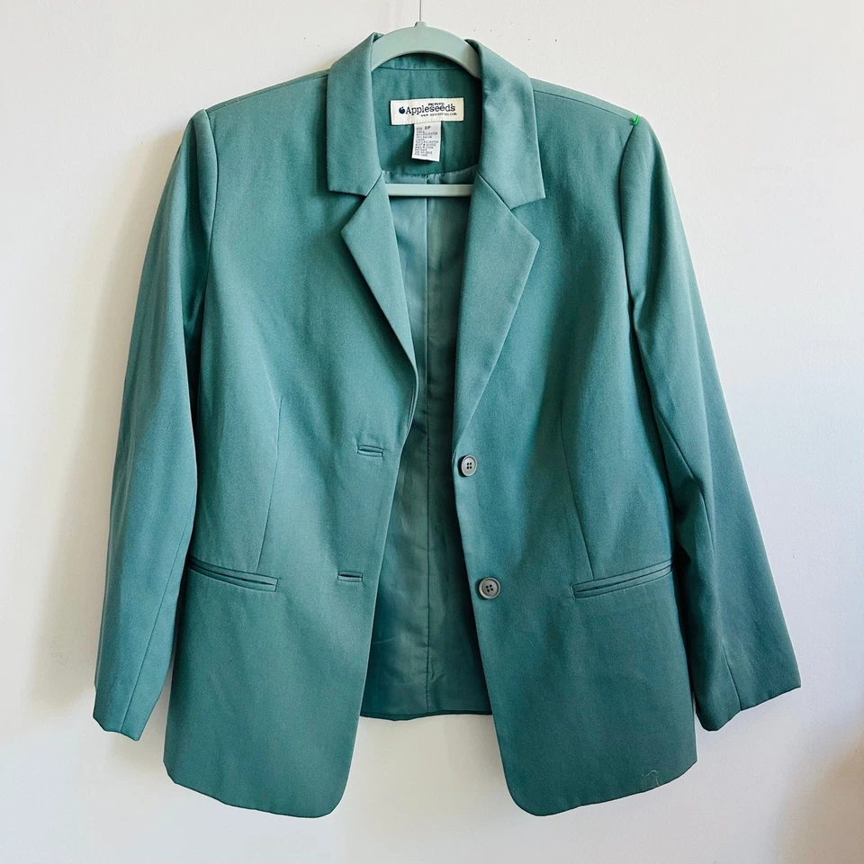 Jaqueta Blazer Vintage Y2K Appleseeds Verde-azulada – Tamanho 8P – Clássica Carreira - Imagem 2 de 4