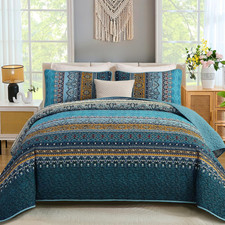 Boho King Size Quilts 3 Pieces, Teal Bedspreads Bedding Set with Floral Printed,