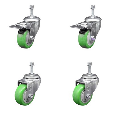 3 Inch Green Polyurethane Swivel 3/8 Inch Stem Caster Set 2 Total Lock Brake SCC