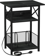 Vinyl Record Player Stand with Charging Station and Storage Cabinet, Black