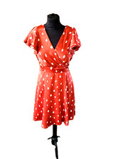 Quiz size10 Silky Dress lined v neck+wrap over look short wide sleeve Rust+white