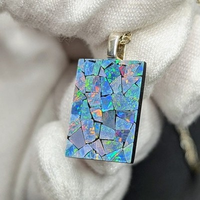 Gorgeous Opal Pendant Mosaic Australian Natural Opal On Sterling Silver Bail
