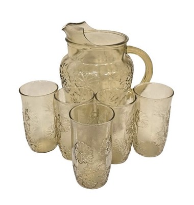 Vintage Anchor Hocking Springsong Honey Gold-6 pc Set Pitcher & 5 Tumblers Glass