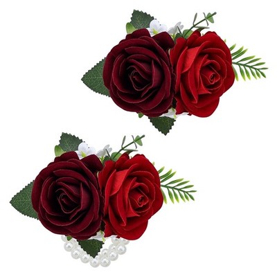 2Pcs Burgundy  Red Rose Wrist Corsage Wristlet Band and Men Boutonniere Set, ...