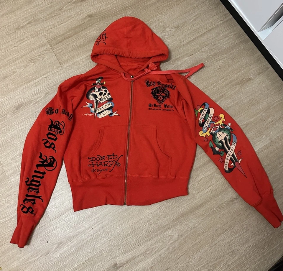 Chaqueta con capucha Ed Hardy para hombre Rust Love Kills Slowly roja cremallera completa Foto 2 de 3