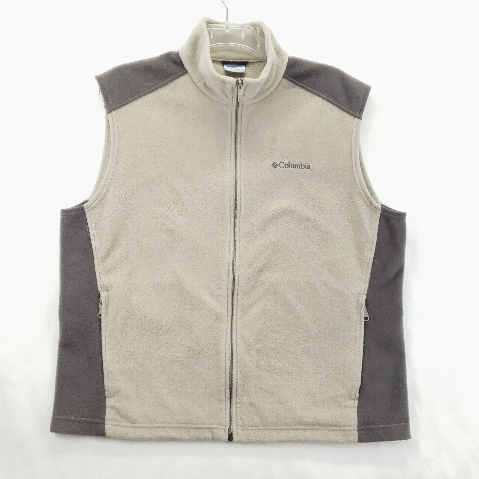 Columbia Fleece Vest Jacket Men XL Beige Black Pockets Mock Neck Full Zip