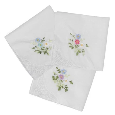 3 Pcs Mouchoir En Coton Mouchoirs À Broderie Floral Femme Pour Dames - Photo 1/4