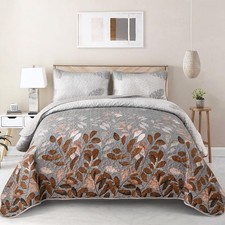 Floral Quilt Set King Size - 3 Piece Botanical Leaves Bedspread  Pillowcases, S