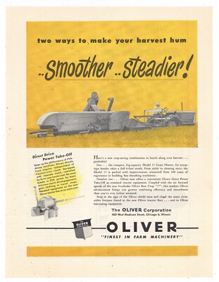 1949 Oliver Farm Machinery Ad: Model 15 Grain Master & 77 Row Crop Tractor