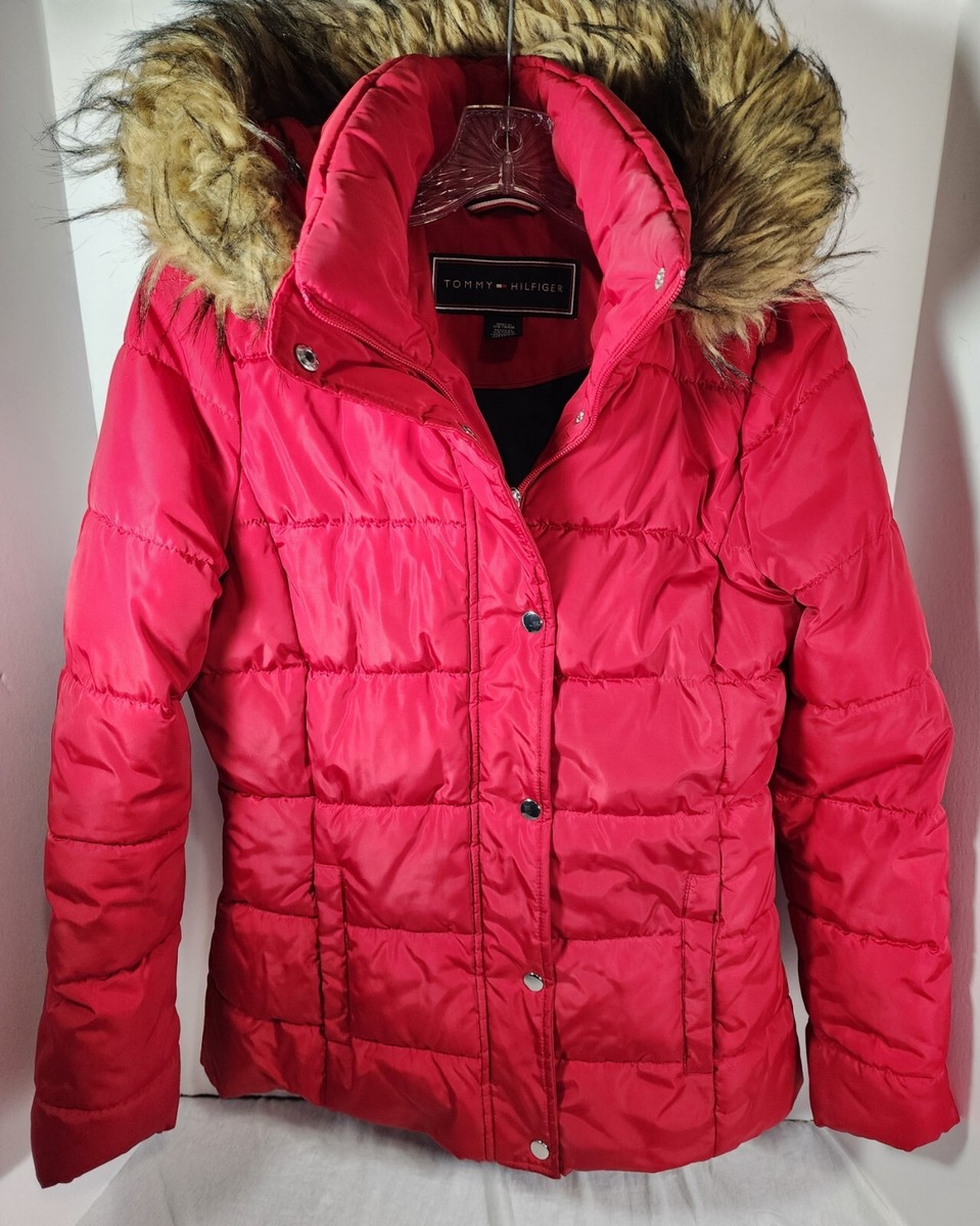 tommy hilfiger jacket red down jacket with fur hood