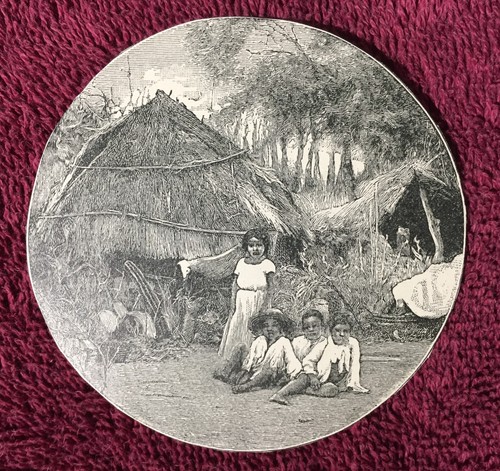 Antik 1902 graviertes Bild einer Gruppe mexikanischer Kinder Mexiko indigene Hütte