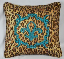 Fleur de Lis Embroidered Pillow made w Ralph Lauren Venetian Leopard Fabric cord