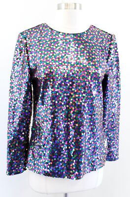 Vtg 90s After Five Colorful Rainbow Sequin Disco Party Top Blouse Size 10