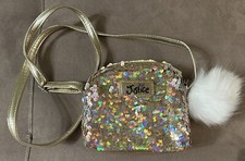Justice Girls Crossbody Bag Purse Gold Flip Sequin Adjustable Strap White Pompom