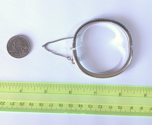Vintage Silver Hinged Bangle Bracelet w Safety Chain White Baguette Rhinestones - Picture 6 of 6