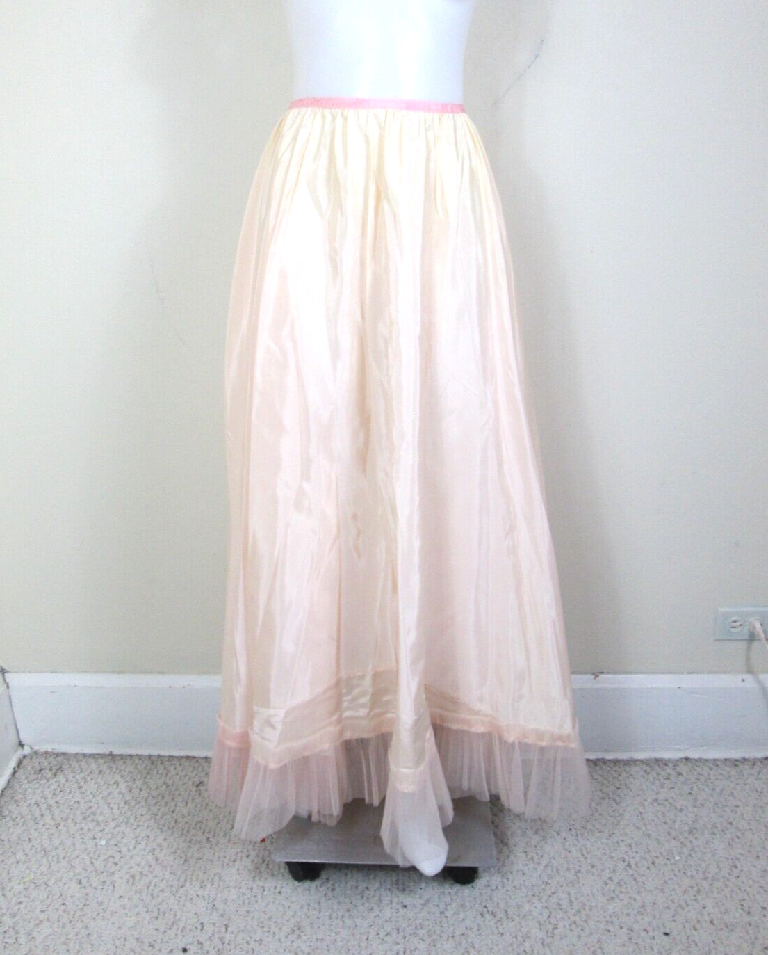 Vintage Satin Full Length Half Slip with Pleated Lace… Gem