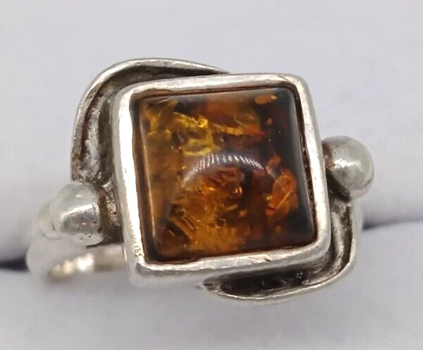 Amber Gemstone Ring Sterling Silver 925 Size 5.5 Square Designer Estate Vintage Foto 2 de 4