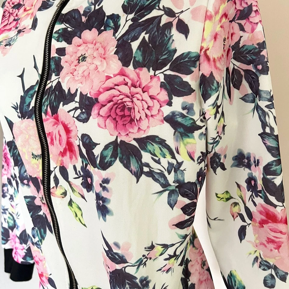 Chaqueta de bombardero ligera con cremallera EQ estampado floral abrigo de béisbol marfil/rosa talla M Foto 2 de 4