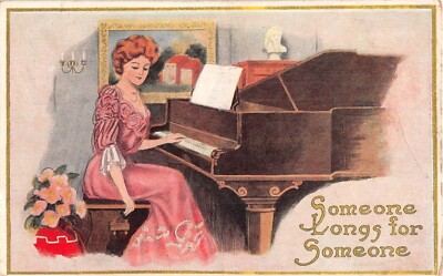 Sad Lady Seated at Baby Grand Piano on Old Postcard-someone Longs For Someone