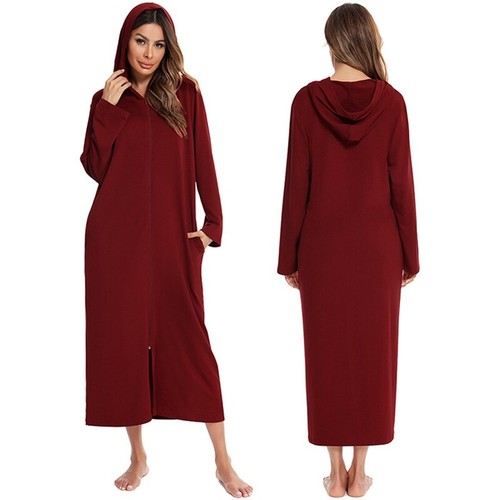Women'Hooded Zipper Bathrobe Spa Long Sleeve W/Pockets Sleepdress Nightie S-2XL - Picture 11 of 26