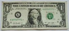 K 07737771 * Bill Five 7s Birthday FANCY Serial Number 2013 DALLAS $1 Star* Note