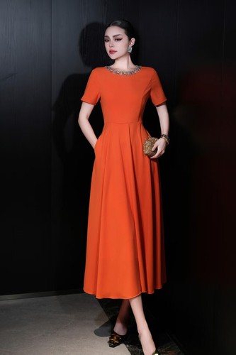 Luxury Summer Women's Round Neck Short Sleeve Fashion A-Line Evening Party Dress - Picture 23 of 26