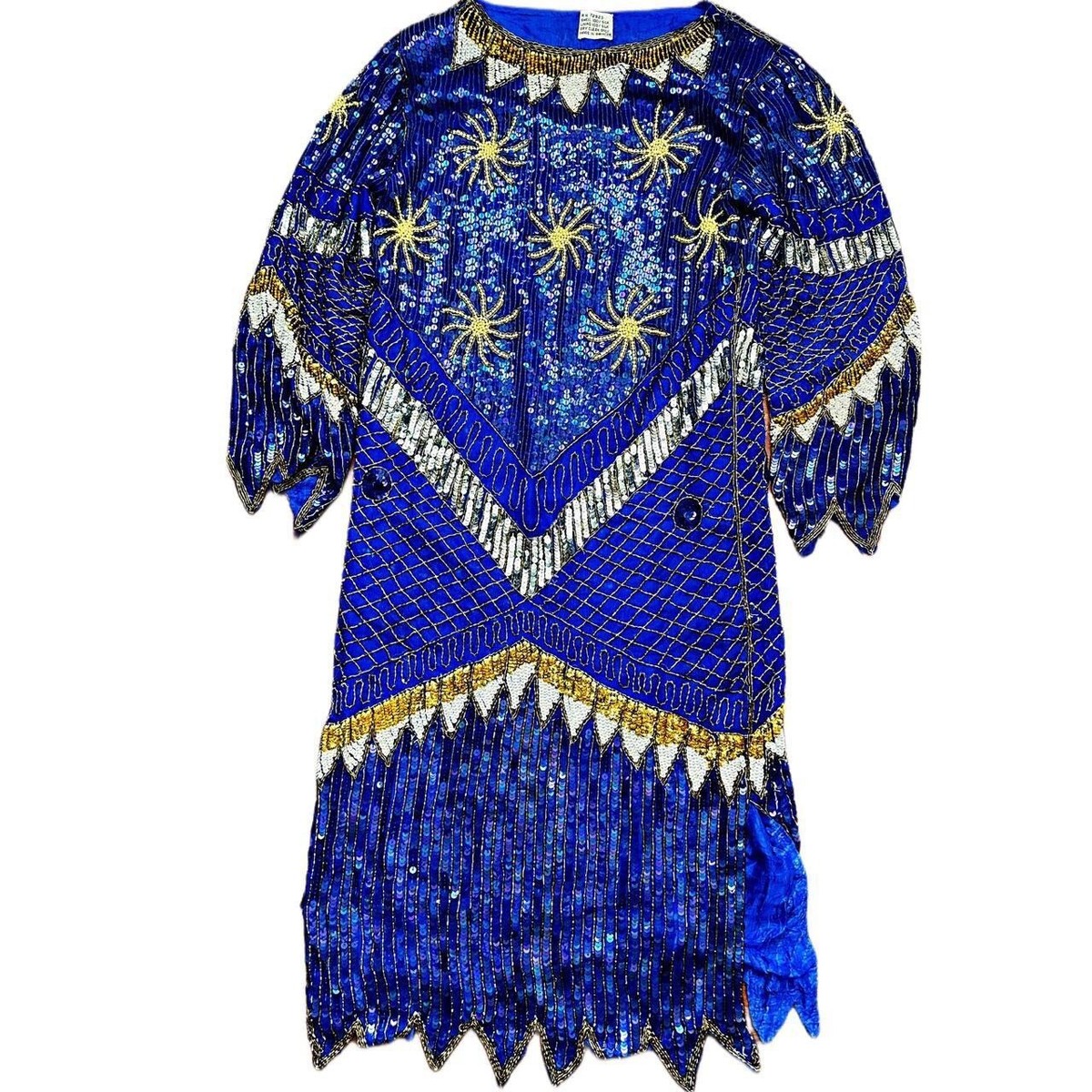Stunning Vintage SILK INDIA Full Sequin Sapphire Blue Beaded Cocktail Dress  M