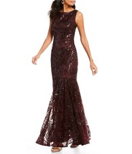 VINCE CAMUTO Burgundy Red Sequin Floral Embroidered Mermaid Maxi Gown Dress 10