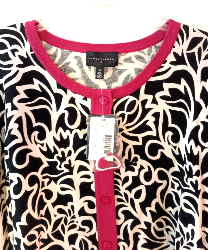 NEW INVESTMENTS II BLACK SCROLL FLORAL DARK PINK TRIM LIGHTWEIGHT SWEATER 3X NWT - Image 4 of 4