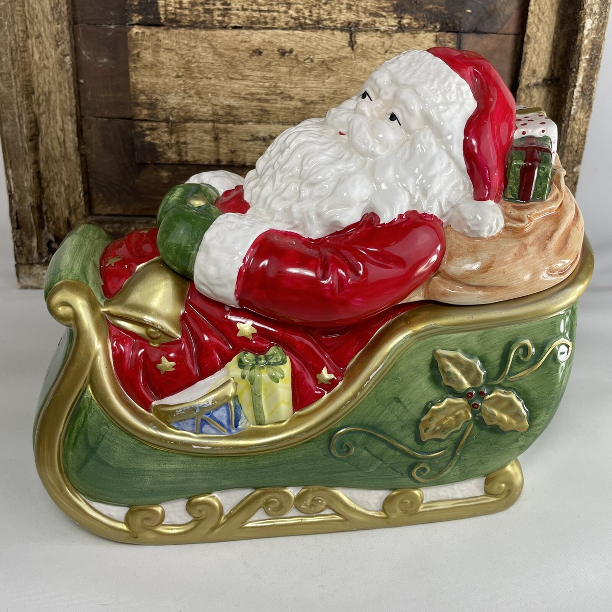 Santa Claus in Sleigh Cookie Jar With Christmas Presents Ceramic