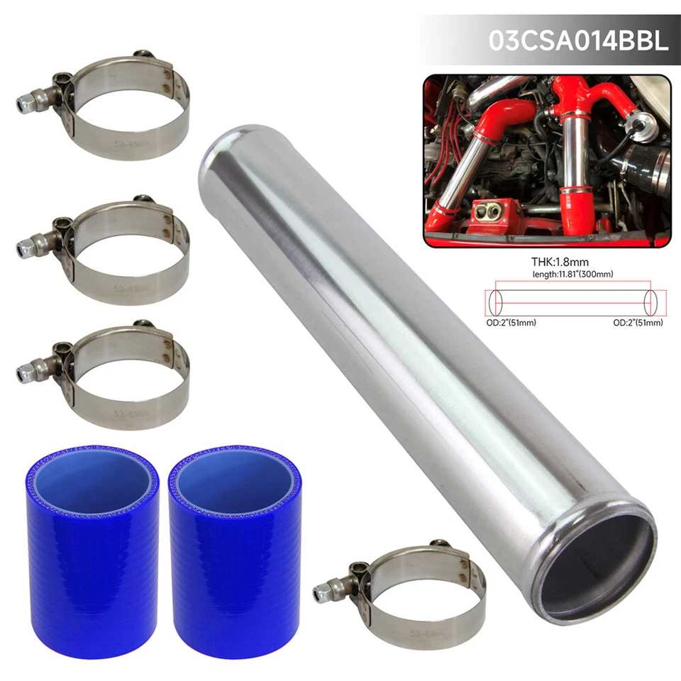 Tubo turbo intercooler de aluminio 51 mm 2,0" + abrazaderas de manguera de silicona azul Foto 4 de 4