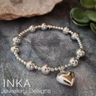 925 Sterling Silver CHUNKY beaded Stacking Bracelet with Heart charm By INKA
