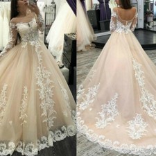 Champagne Long Sleeve Wedding Dresses Lace Appliques Sweep Train Bridal Gowns