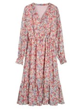 Abito Midi Lungo In Chiffon Con Fiori E Rouches Retro A V Con Maniche Lunghe