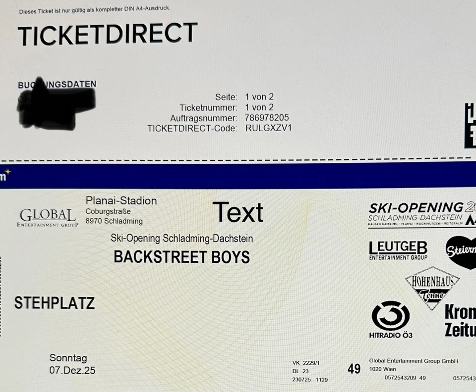 2 Karten Backstreet Boys Schladming 07.12.2025