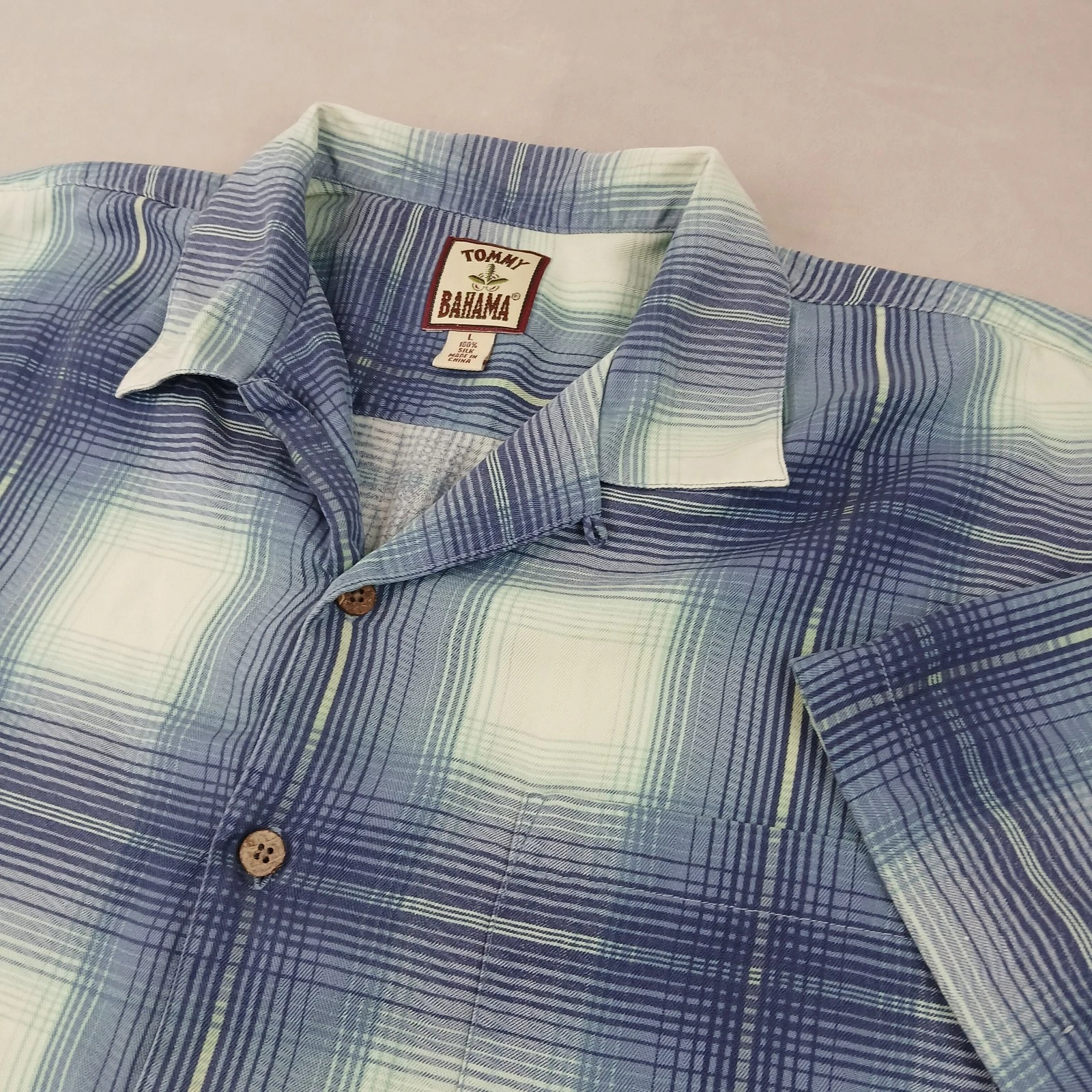 Tommy Bahama Large Mens Shirt Hawaiian Camp Plaid FLAWS 24x29