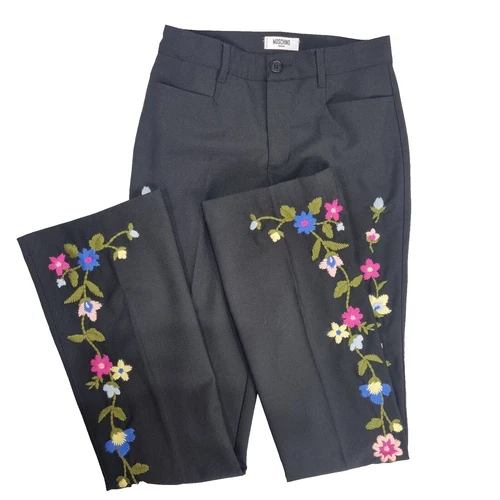 Moschino Jeans Pantalone Donna Nero Taglia 8 Y2K Floreale Festival Ricamato