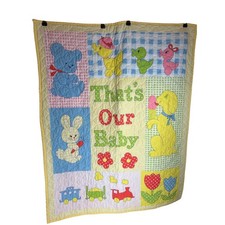 Baby Quilt Blanket That's Our Baby Teddy Bear Bunny Ducks Train VINTAGE Yellow