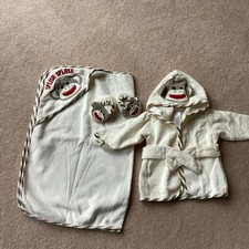 BABY STARTER 0-9 MONTH SOCK MONKEY HOODED BATHROBE, SLIPPERS, BATH TOWEL