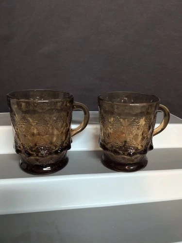 Vintage Anchor Hocking Kimberly Brown Amber Glass Fire King Mugs Set of 2