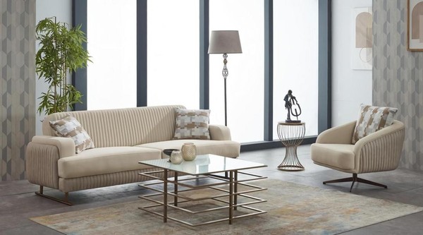 Sofagarnitur Polstersofa Dreisitzer 2Tlg Stoffsofa Sessel Beige Sofa-image