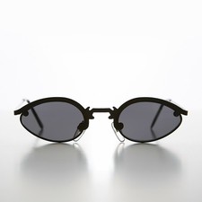 Black Unique Oval Metal Vintage 90s Sunglasses Gray Lens - Lotus