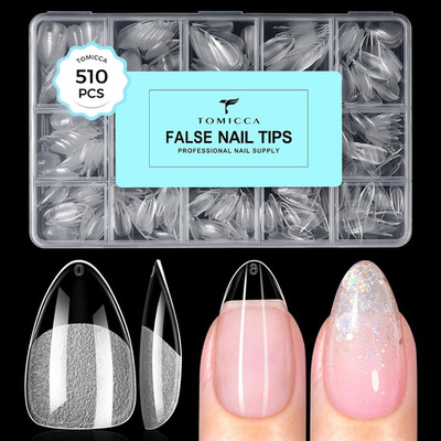 Short Almond Nail Tips, 510Pcs 15 Sizes Pre-Shaped Soft Acrylic Gel Nail Tips Al