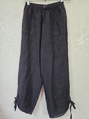 FENINI  XS Black 100% Linen Cropped Pull On Pants w/Pockets, Pull Tie Cuffs 