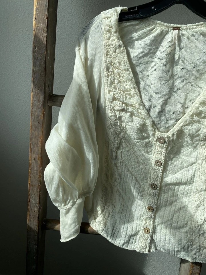 Cárdigan Free People Blusa Abotonada L Encaje Manga 3/4 Camisa Top Talla Lg Foto 2 de 4