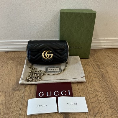 Gucci Marmont Super Mini GG Black/Gold Chevron Matelasse Leather Crossbody