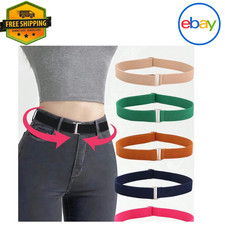 Women Invisible Black Elastic Belt No-Show Belt with Flat Buckle for Jeans Dress
