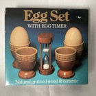RARE VINTAGE EGG SET - WOOD & CERAMIC WITH  4 EGG CUPS AND EGG TIMER 1970s