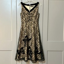 David Meister Floral/Bow Lace Midi Naked Dress Silk Lined Velvet Trim Black Sz 4